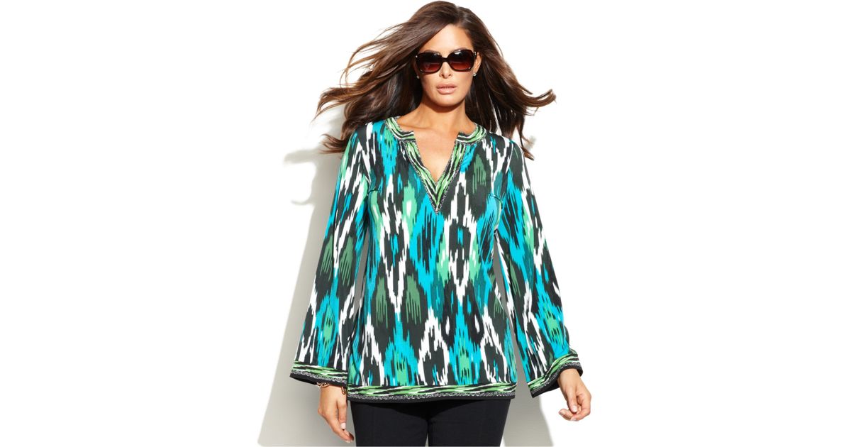 lyst michael kors michael plus size sleeve ikat print tunic in green lyst michael kors michael plus size sleeve ikat print tunic in green