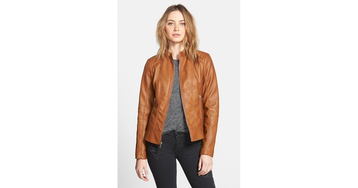 Guess Brown Faux Leather Scuba Jacket Lyst