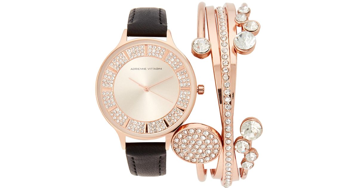 Lyst Adrienne Vittadini Adst1704 Rose Gold Tone Black Watch Lyst Adrienne Vittadini Adst1704 Rose Gold Tone Black Watch Bracelet Set In