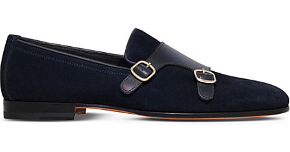 Lyst - Santoni Double-buckle Suede And Leather Monk Shoes in Blue for Men