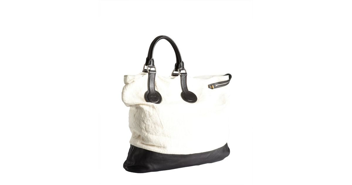 Cline White Canvas And Black Large Asymmetrical Folded Tote Bag ...  