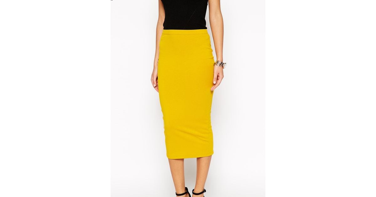 Asos Midi Pencil Skirt In Jersey in Yellow | Lyst