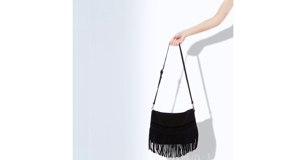 Zara Suede Leather Messenger Bag with Fringes in Black Lyst