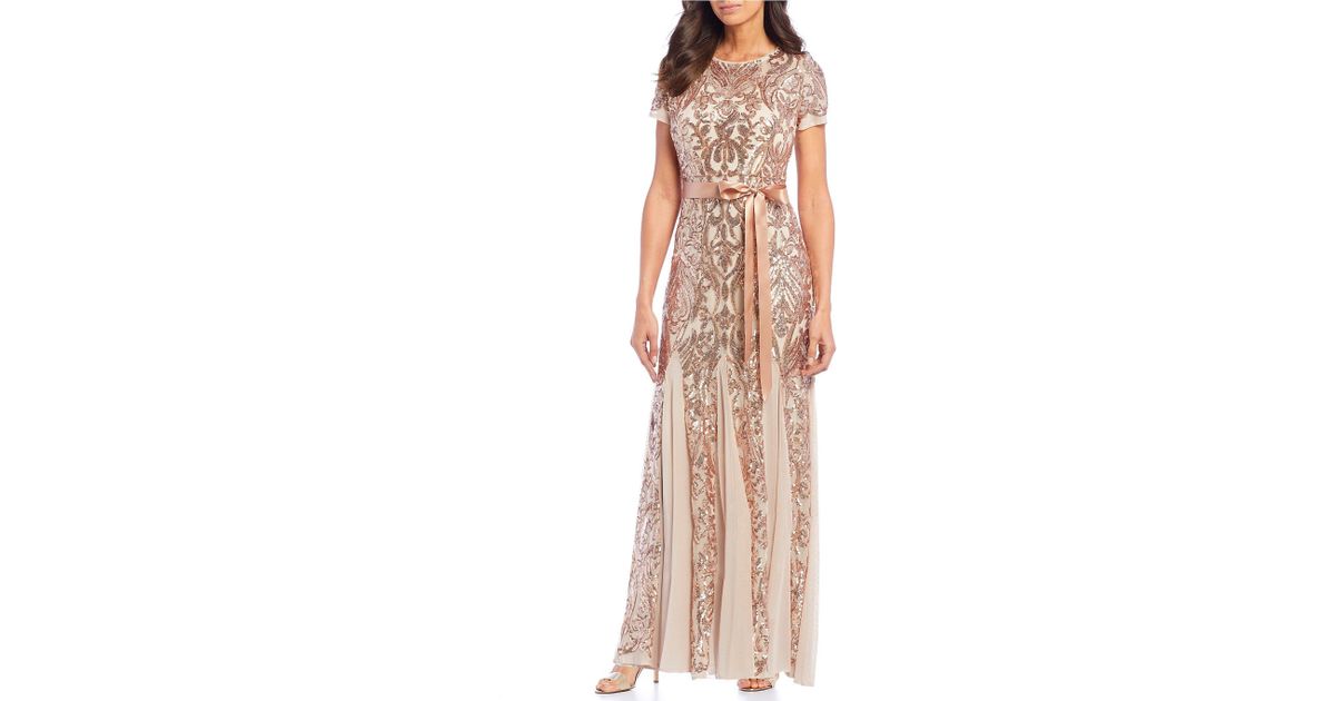 r & m richards short sleeve sequin evening gown