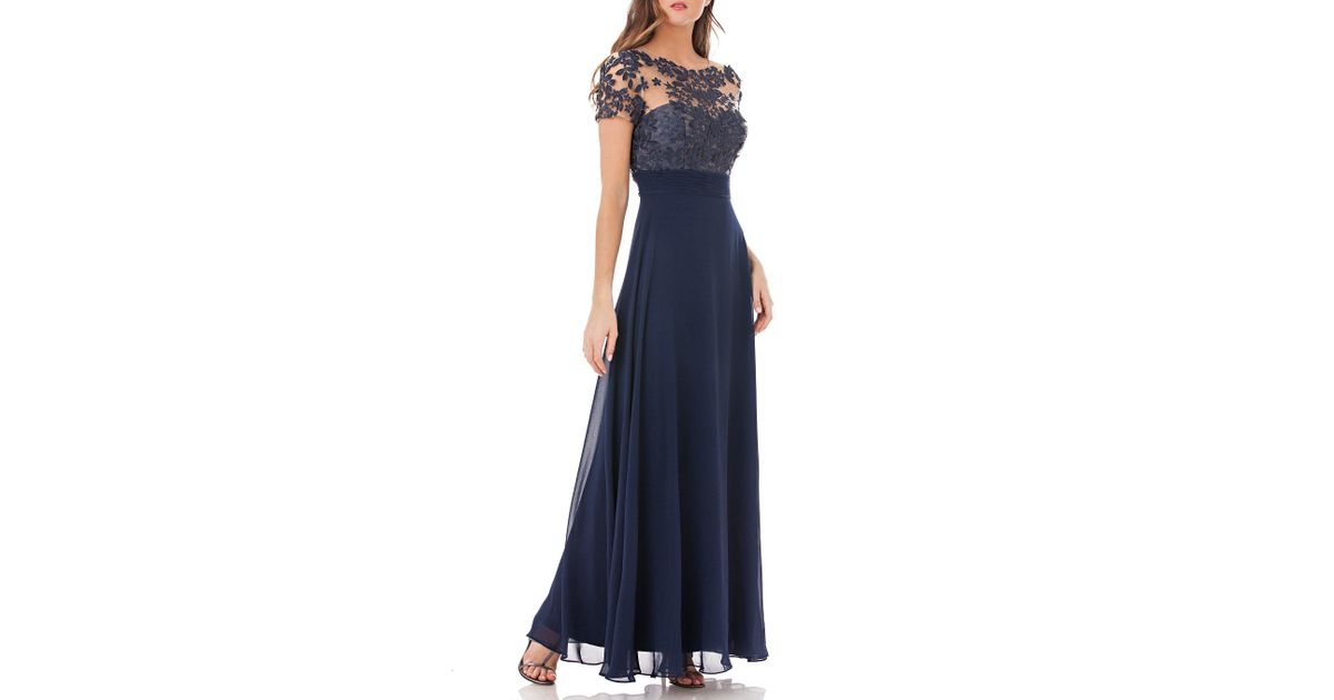 JS Collections Illusion Beaded Bodice A-line Chiffon Gown in Blue ...