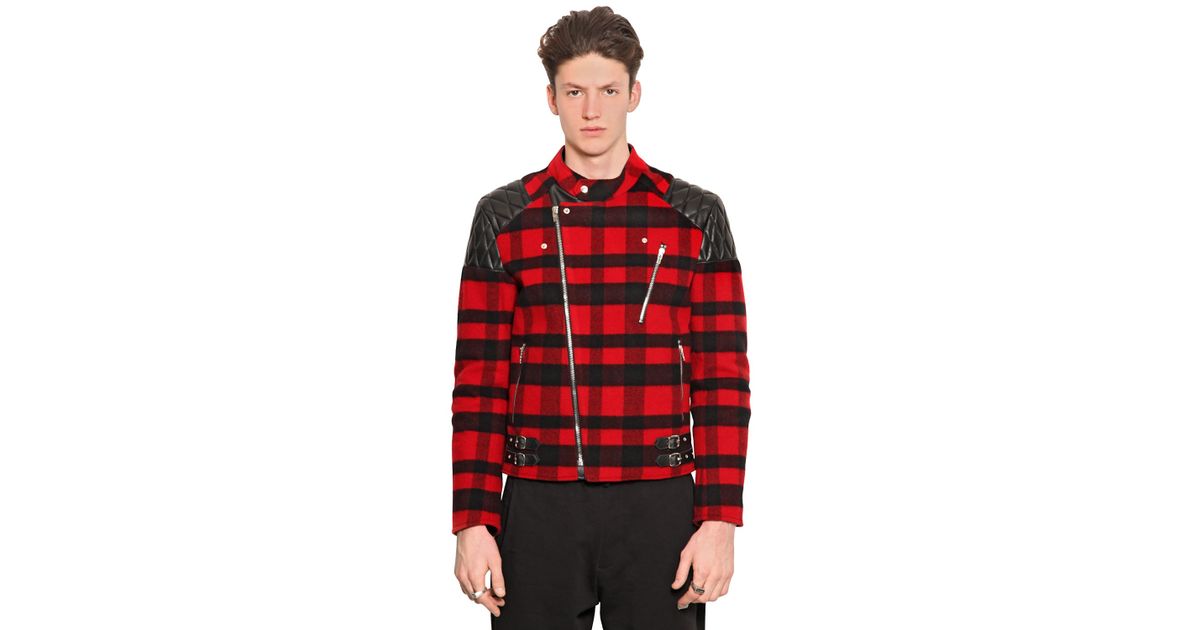 Mcq Leather Tartan Wool Biker Jacket In Red For Men Lyst