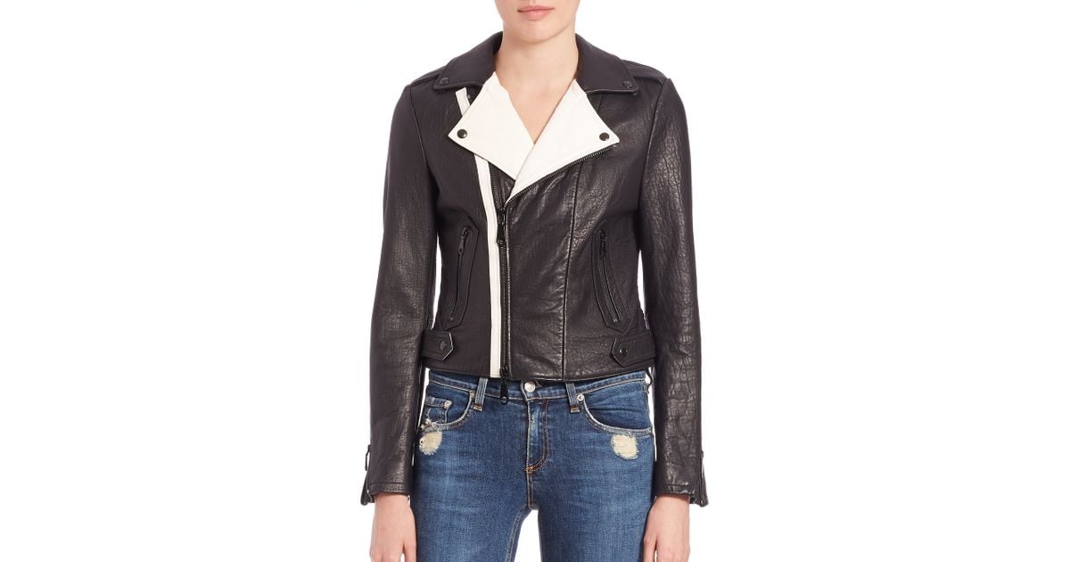 Rebecca Minkoff Wolf Colorblock Leather Moto Jacket In Black Lyst
