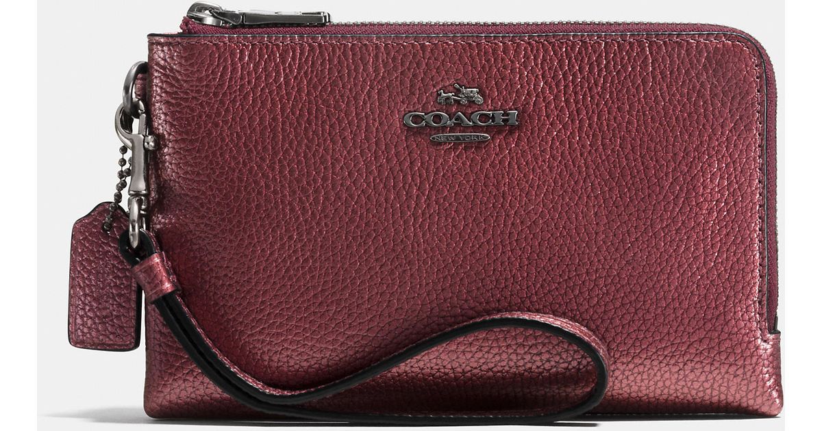 Coach Double Corner Zip Wristlet In Metallic Pebble Leather Coach Double Corner Zip Wristlet In Metallic Pebble Leather Purple Lyst