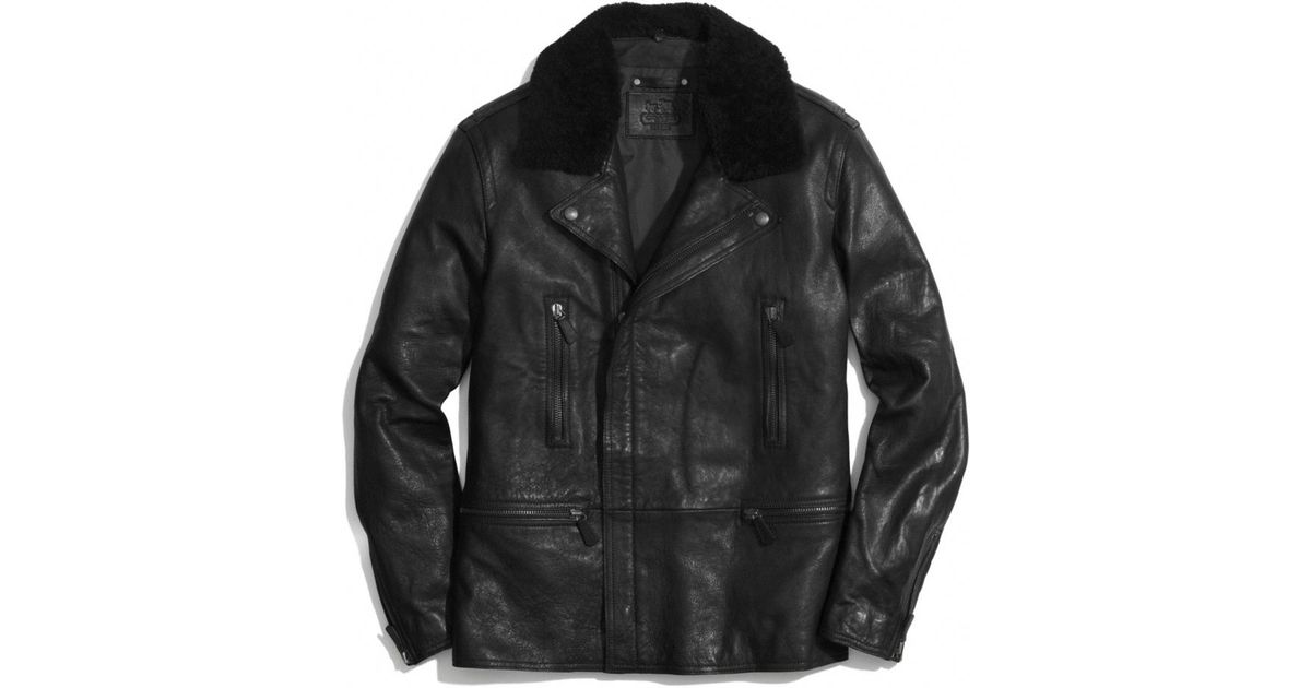 Lyst Coach Long Leather Moto Jacket With Shearling Collar In Black Lyst Coach Long Leather Moto Jacket With Shearling Collar In Black For Men