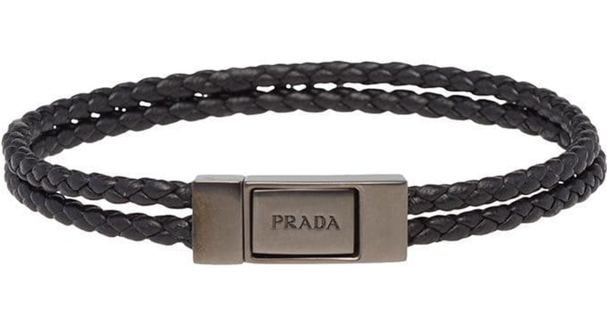 Prada Leather Braided Bracelet in Black for Men Lyst