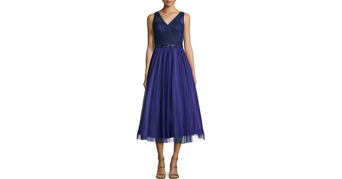 Lyst Ml Monique Lhuillier Sleeveless V Neck Tea Length Dress In Purple
