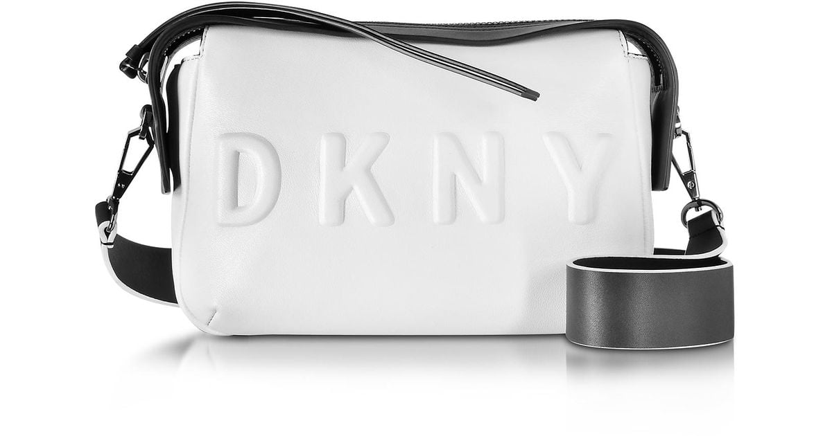Lyst Dkny Debossed Logo Cream/black Leather Crossbody Bag in Black