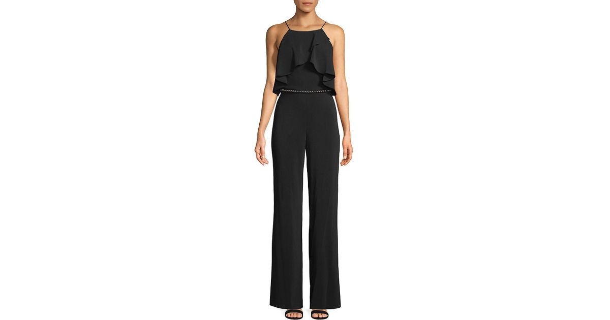 Cold Shoulder Pocket Belted Ruffle Trim Jumpsuit