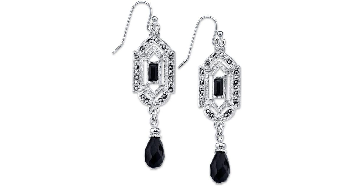 Lyst 2028 Silver Tone Black Crystal And Marcasite Drop Earrings In Lyst 2028 Silver Tone Black Crystal And Marcasite Drop Earrings In Metallic