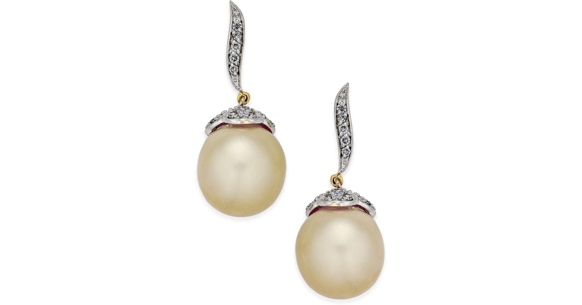 Lyst Macy S Cultured Oval Golden South Sea Pearl 11mm And Lyst Macy S Cultured Oval Golden South Sea Pearl 11mm And Diamond 3 8 Ct T W Drop Earrings In 14k Gold Metallic