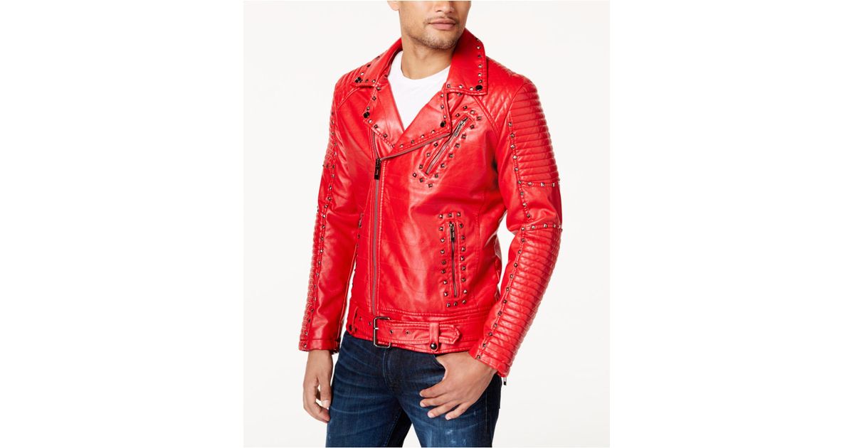 Reason Men S Red Studded Faux Leather Moto Jacket For