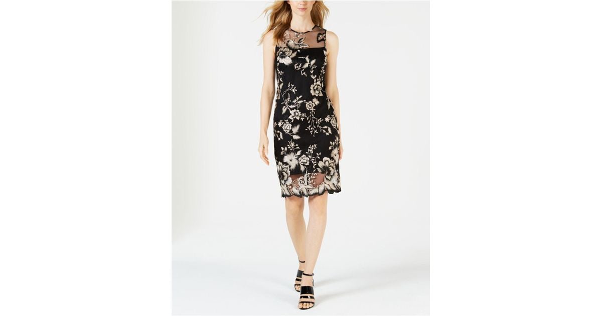 Lyst Calvin Klein Floral Embroidered Illusion Sheath Dress In Black 