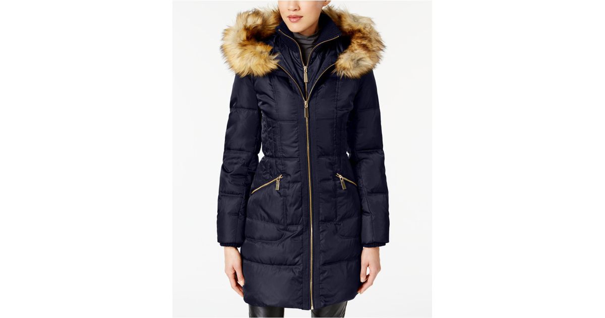 Lyst Vince Camuto Faux Fur Trimmed Hooded Puffer Coat In Blue