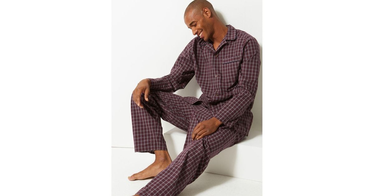 Marks & Spencer Pure Cotton Checked Pyjama Set Burgundy in Purple for Men Lyst