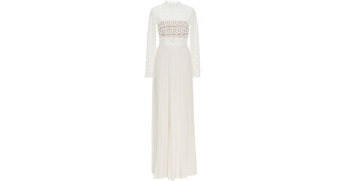 Selfportrait Pleated Crochet Maxi Dress With Floral Bodice in White Lyst