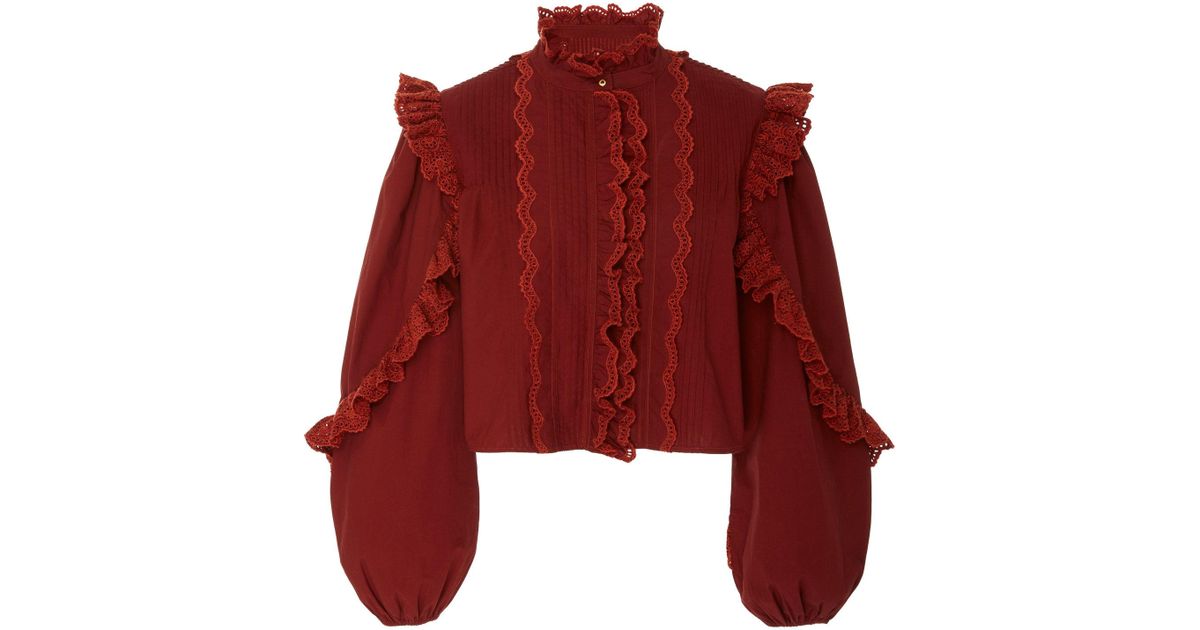 Ulla Johnson Adelaide Ruffled Cotton Blouse in Burgundy (Red) - Save 7% ...