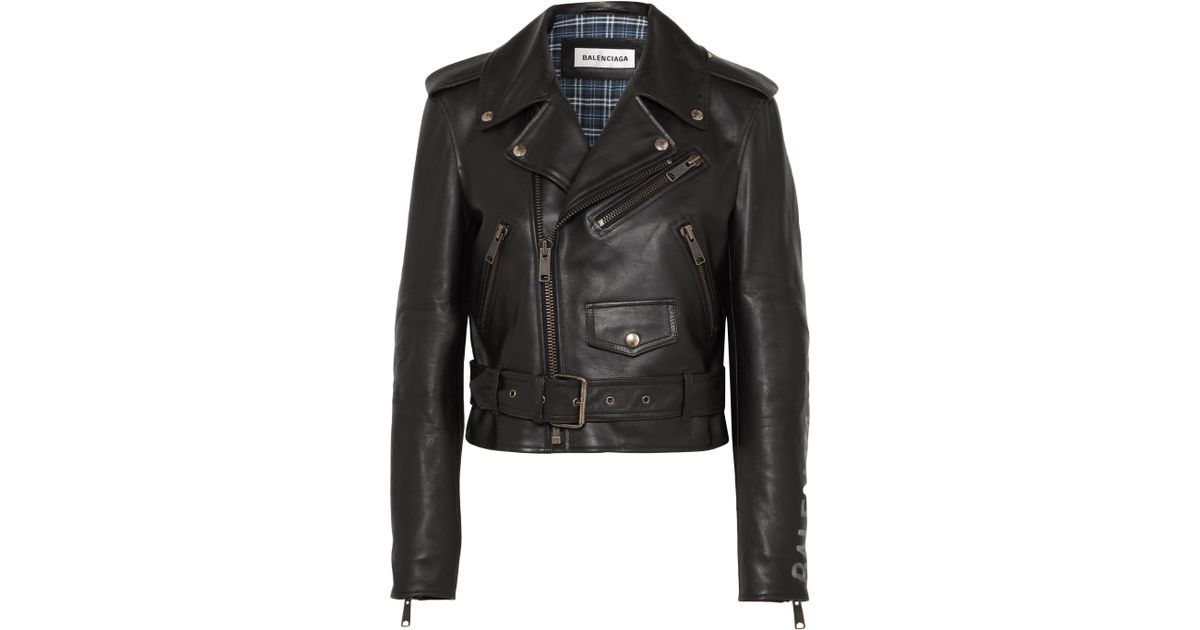 Balenciaga Black Cropped Printed Leather Biker Jacket Lyst