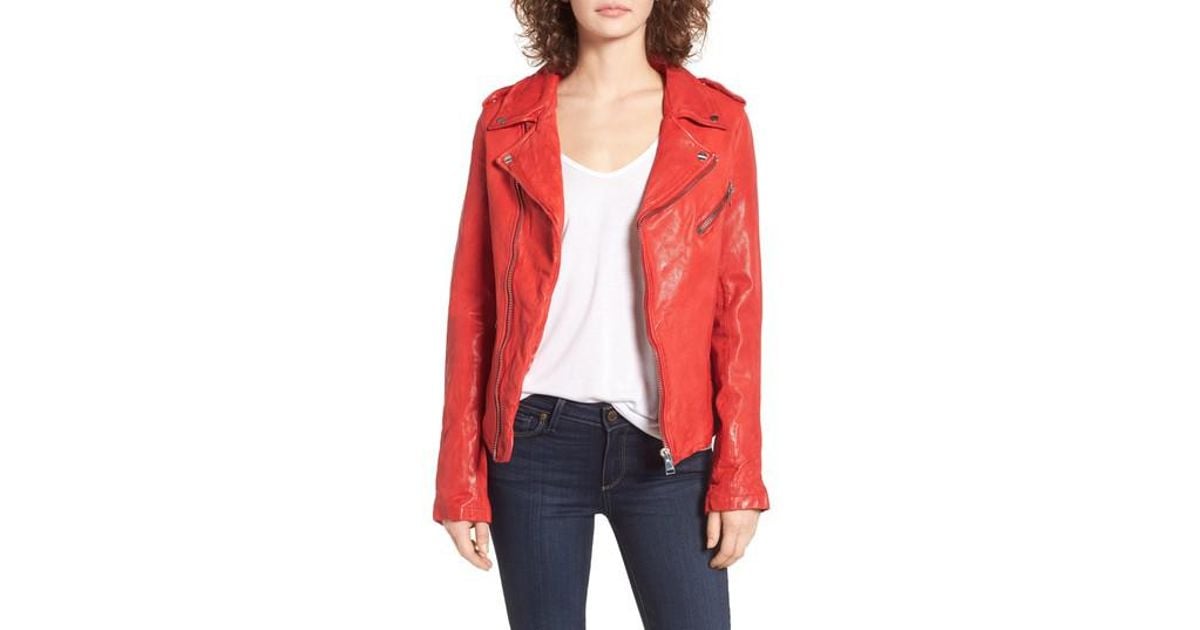 Lamarque Washed Leather Moto Jacket In Red Lyst