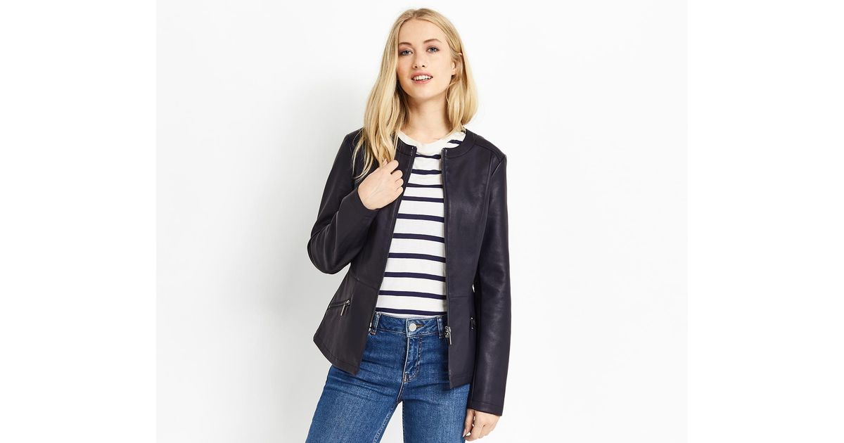 Oasis Faux Leather Collarless Jacket In Blue Lyst Oasis Faux Leather Collarless Jacket In