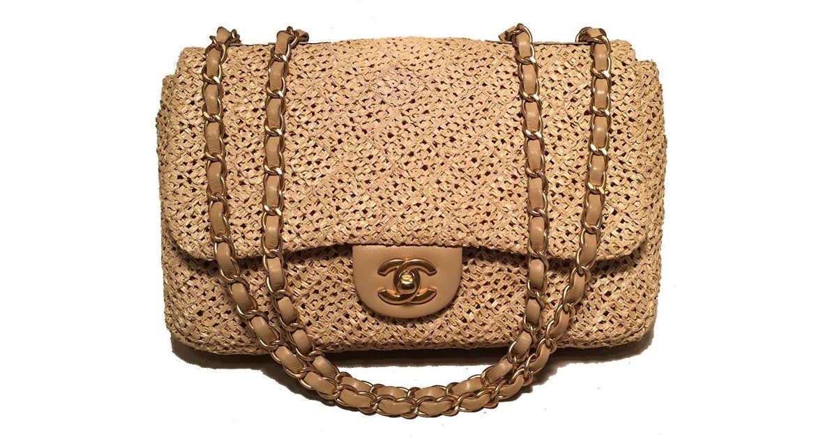 Chanel Brown Tan Raffia Classic Flap Shoulder Bag