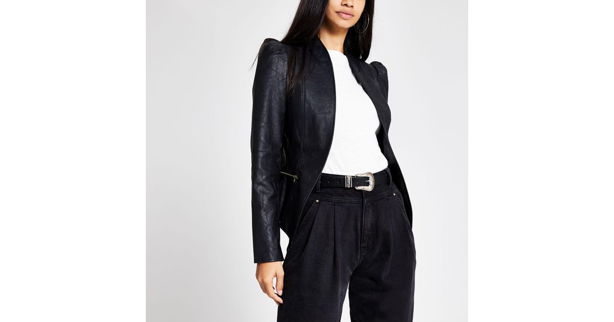 River Island Black Faux Leather Puff Sleeve Jacket Lyst