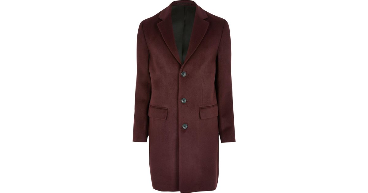 River Island Synthetic Dark Red Single Breasted Overcoat for Men - Lyst