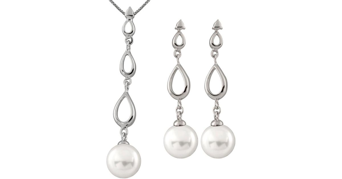 Lyst Splendid Rhodium Plated Silver 8 5mm Freshwater Pearl Drop Lyst Splendid Rhodium Plated Silver 8 5mm Freshwater Pearl Drop Earrings Necklace Set In Metallic