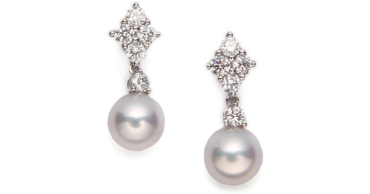 Lyst Mikimoto 7 5mm White Cultured Akoya Pearl Diamond 18k Lyst Mikimoto 7 5mm White Cultured Akoya Pearl Diamond 18k Gold Drop Earrings In