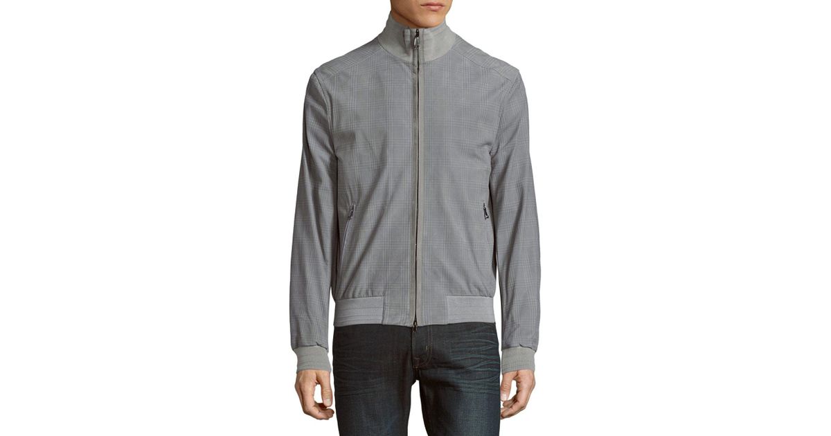 Brioni Plaid High Neck Leather Jacket In Gray For Men Lyst