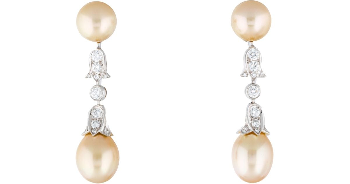 Lyst Cartier Platinum South Sea Pearl Diamond Drop Earrings Lyst Cartier Platinum South Sea Pearl Diamond Drop Earrings Yellow In Metallic