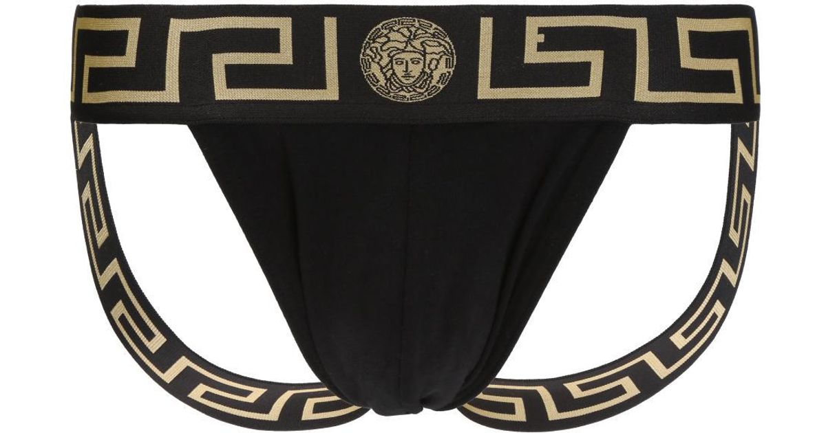 Versace Cotton Greek Pattern Jockstrap in Black for Men - Lyst