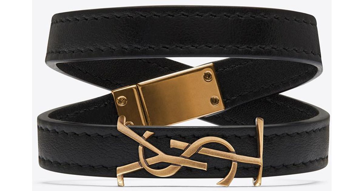 Lyst - Saint Laurent Ysl Double Wrap Bracelet In Black Leather And ...