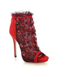 Jimmy Choo | Keri Embroidered Mesh & Suede Booties | Lyst