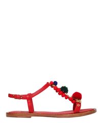 Dolce & Gabbana | Red 10mm Pompom Leather T-strap Sandals | Lyst