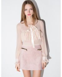 Pixie Market - Pale Pink Chiffon Bow Tie Ruffled Blouse - Lyst