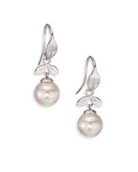 Majorica | Metallic 10mm White Pearl & Sterling Silver Leaf Drop Earrings | Lyst