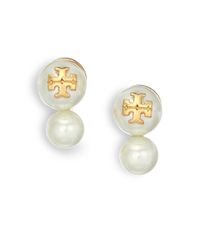 Tory Burch | Metallic Evie Double Faux Pearl Earrings | Lyst
