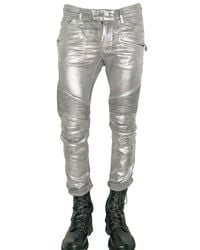 Balmain | Metallic Stretch Denim Cropped Biker Jeans for Men | Lyst