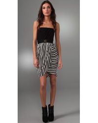 Shoshanna | Black Silk Belted Dress with Striped Skirt | Lyst