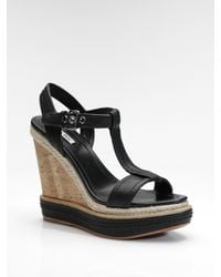 Miu Miu | Black T-strap Cork Wedge Sandals | Lyst