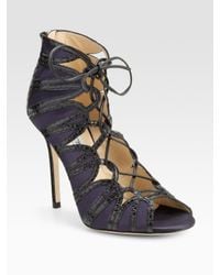 Jimmy Choo | Blue Feline Elaphe-trim Satin Lace-up Sandals | Lyst