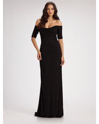 Badgley Mischka | Black Off-the-shoulder Ruched Jersey Gown | Lyst