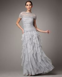 Tadashi Shoji | Gray Shirred Sequin Tulle Gown | Lyst