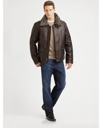 Cole Haan | Brown Tumbled Leather Bomber Jacket for Men | Lyst