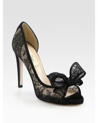 Valentino | Black Semi-sheer Lace Peep Toe Bow Pumps | Lyst